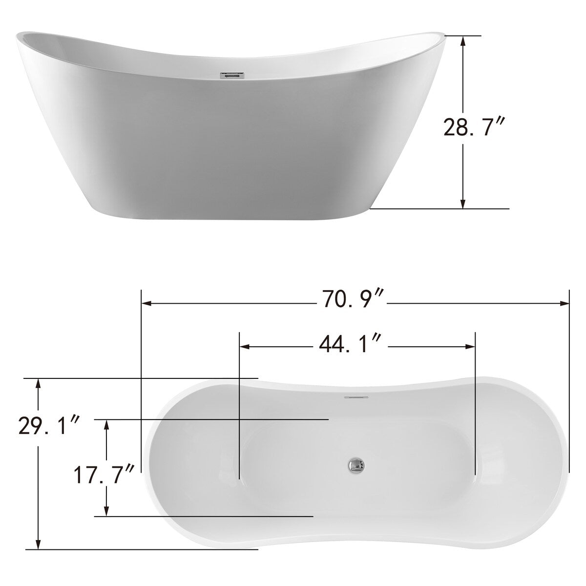 Vanity Art 71-Inch Freestanding Acrylic Bathtub Stand Alone Soaking Tub with Polished Chrome Slotted Overflow & Pop-up Drain