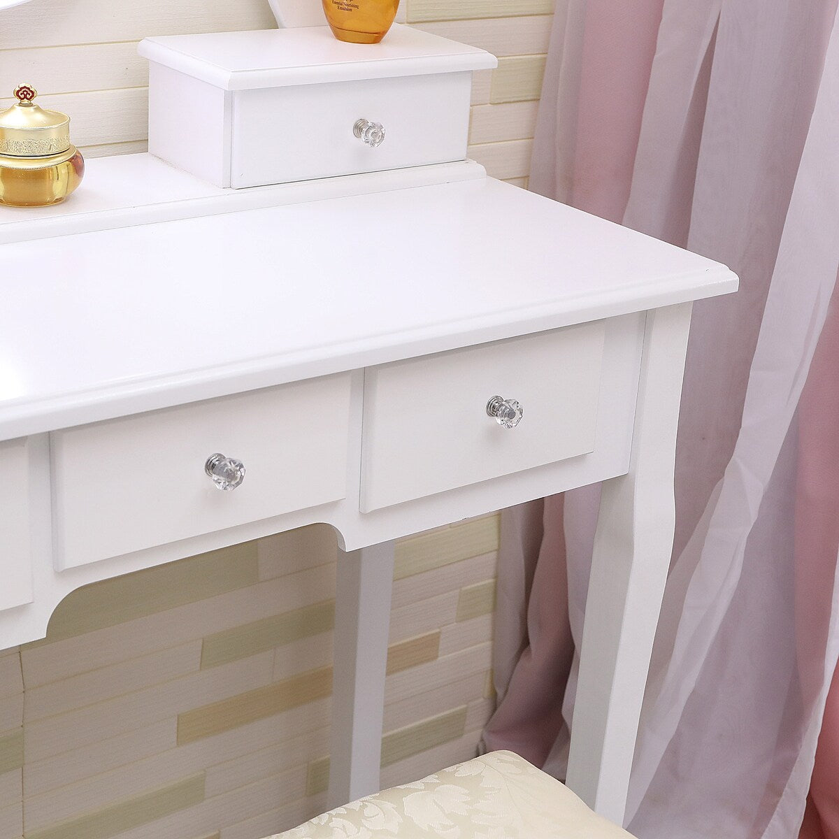 Vanity Desk with Mirror and Lights, Wood Makeup Dressing Table with Mirror