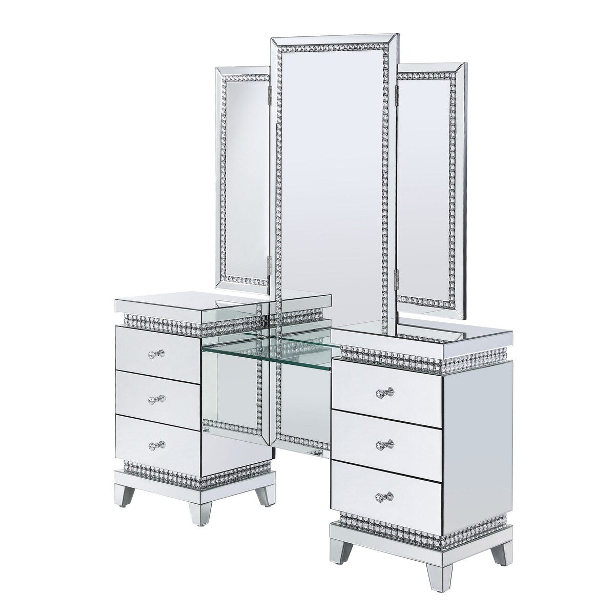 Vanity Desk with Tri Fold Mirror and Faux Crystals,Silver