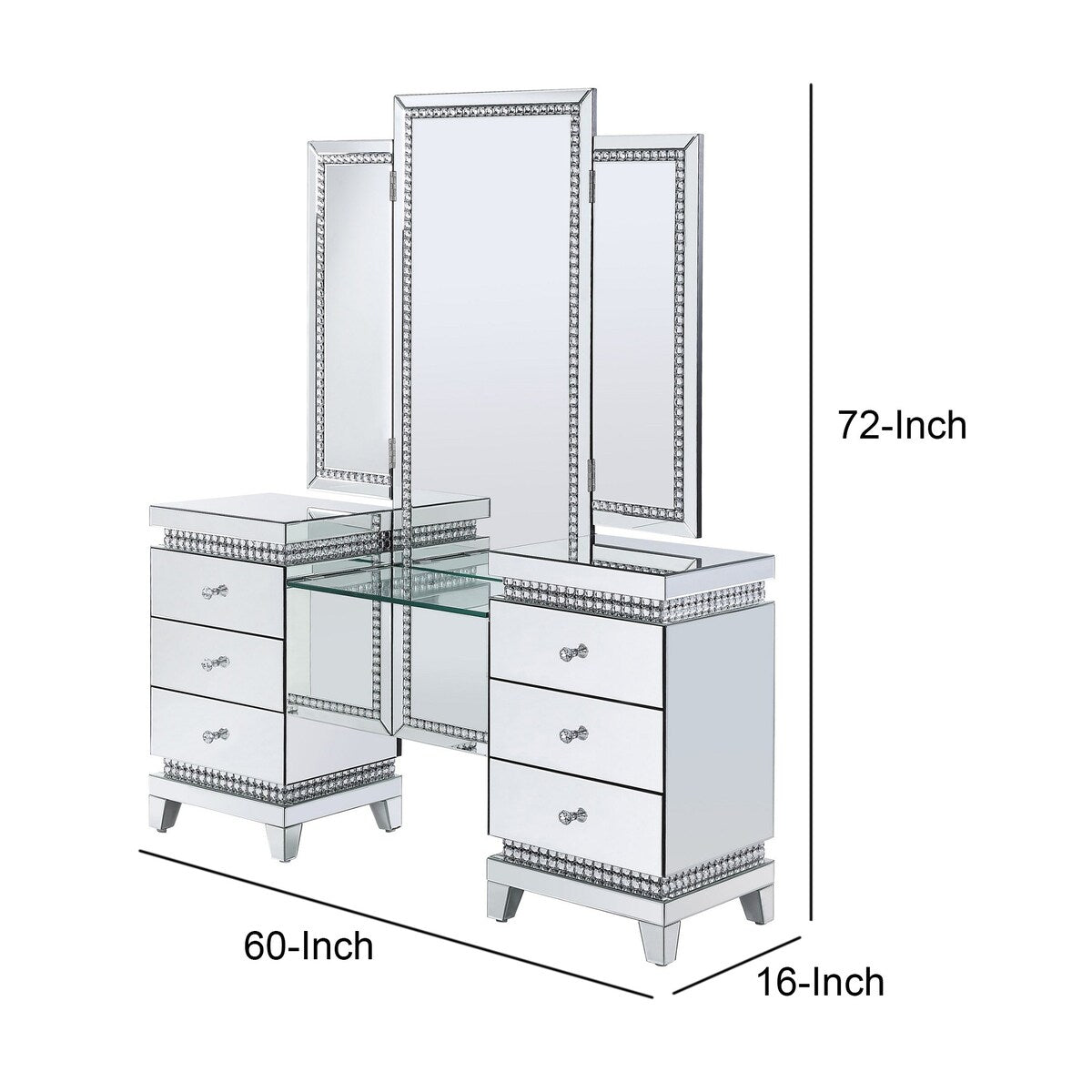 Vanity Desk with Tri Fold Mirror and Faux Crystals,Silver