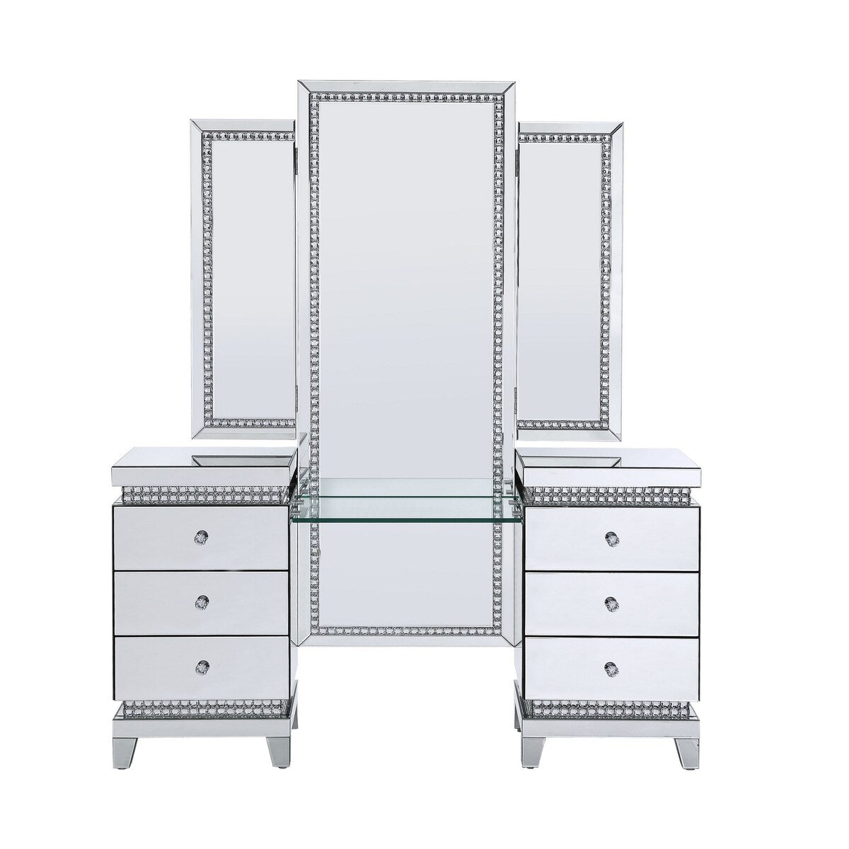 Vanity Desk with Tri Fold Mirror and Faux Crystals,Silver