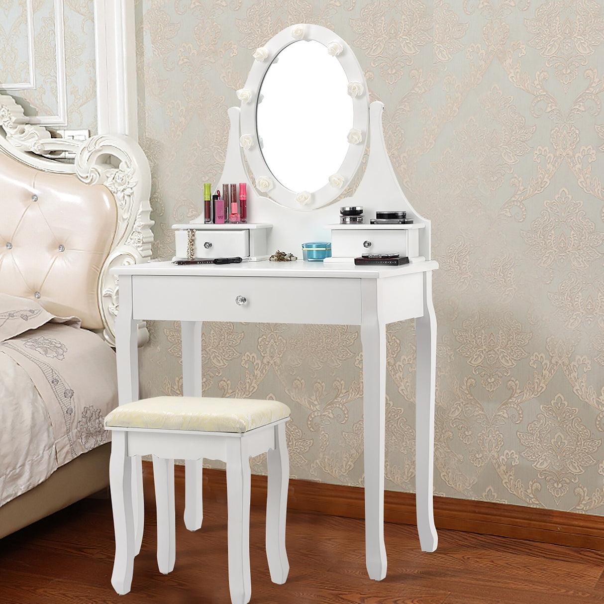 Vanity Makeup Dressing Table Set Lighted Mirror w/ Drawers & LED Bulbs