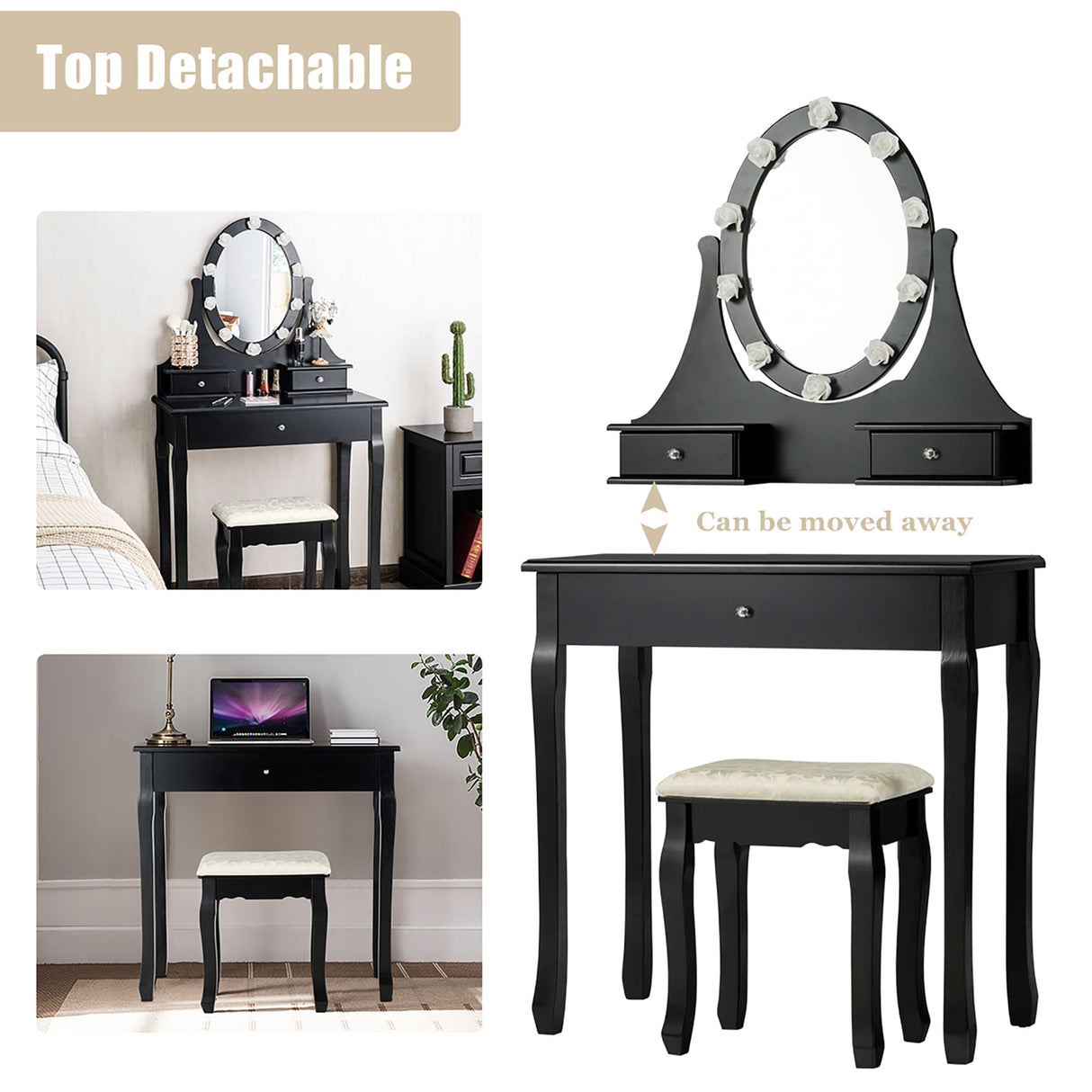 Vanity Makeup Dressing Table Set Lighted Mirror w/ Drawers & LED Bulbs