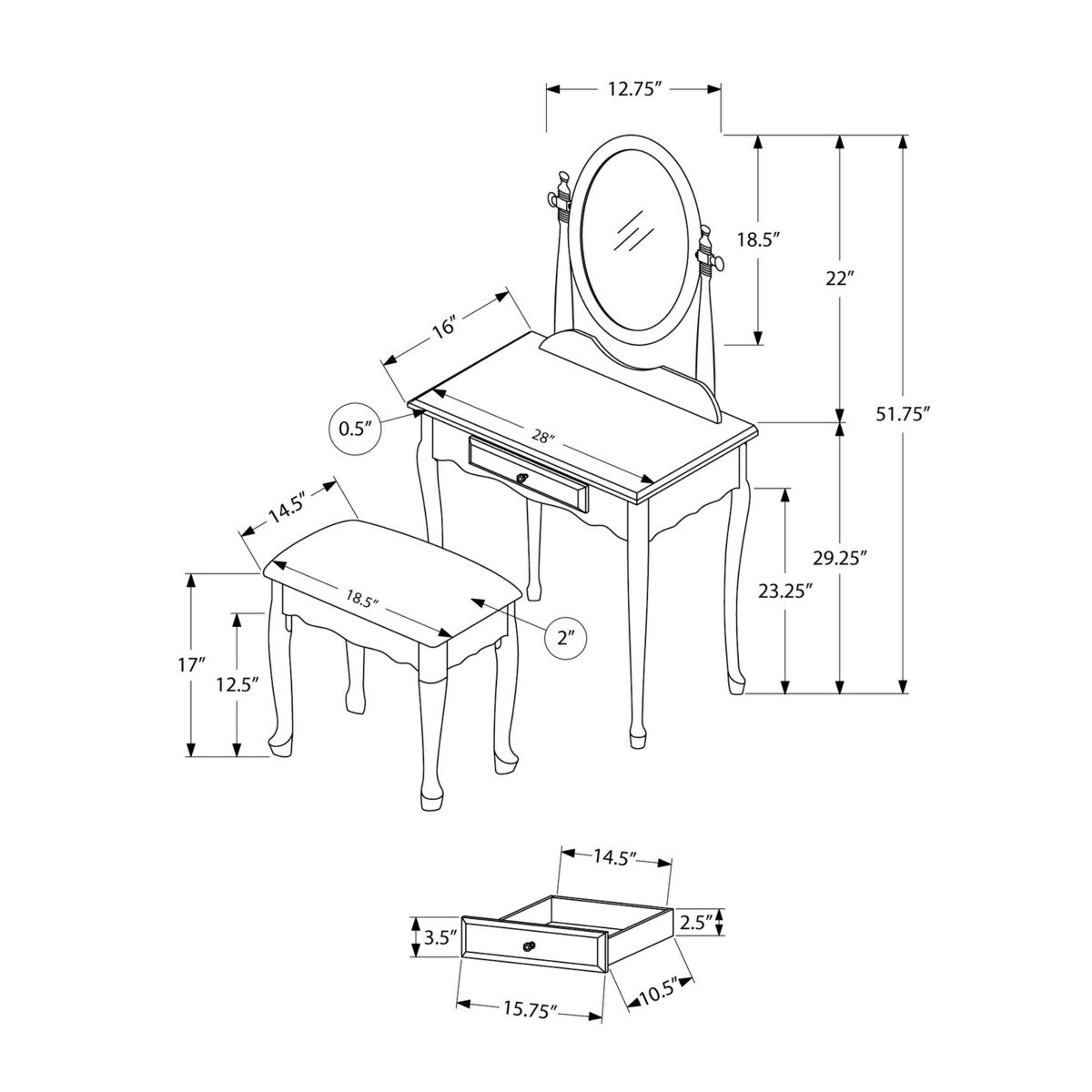 Vanity Set, Set Of 2, Makeup Table, Organizer, Dressing Table, Bedroom, Wood, Laminate, Grey, White, Transitional