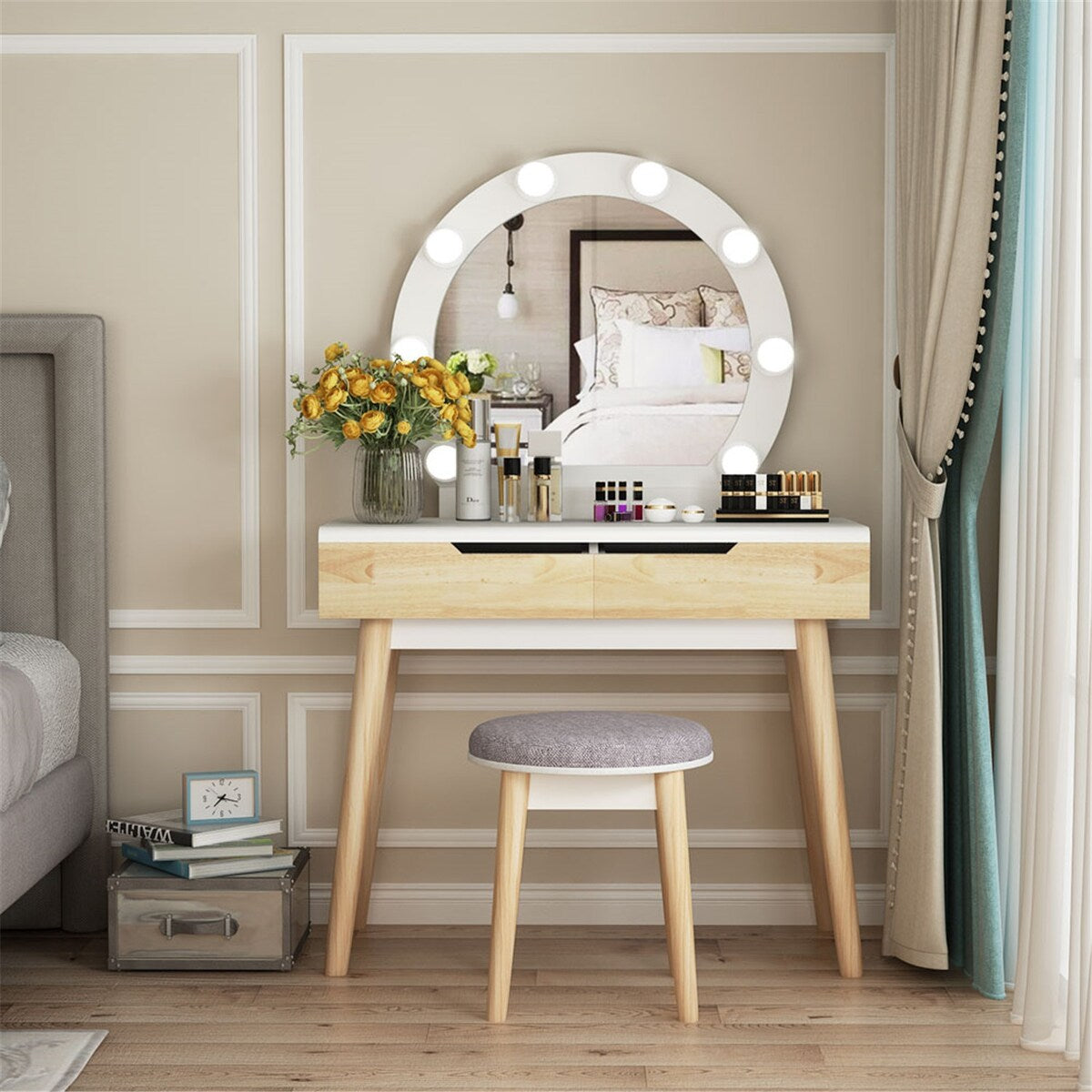Vanity Set Makeup Vanity Dressing Table with 2 Drawers and Stool