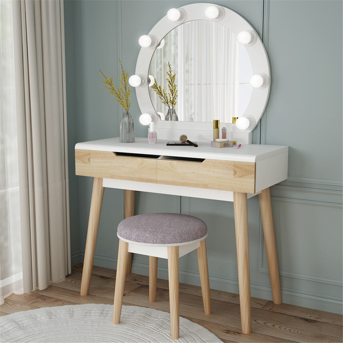 Vanity Set Makeup Vanity Dressing Table with 2 Drawers and Stool