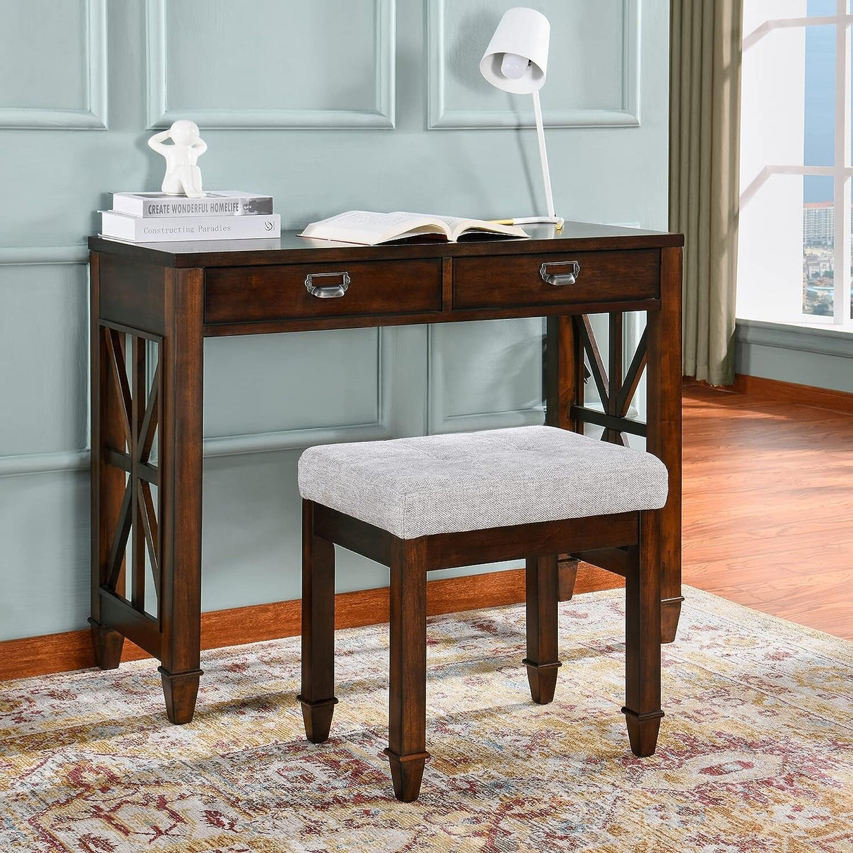 Vanity Stool Bench with Solid Wood Leg
