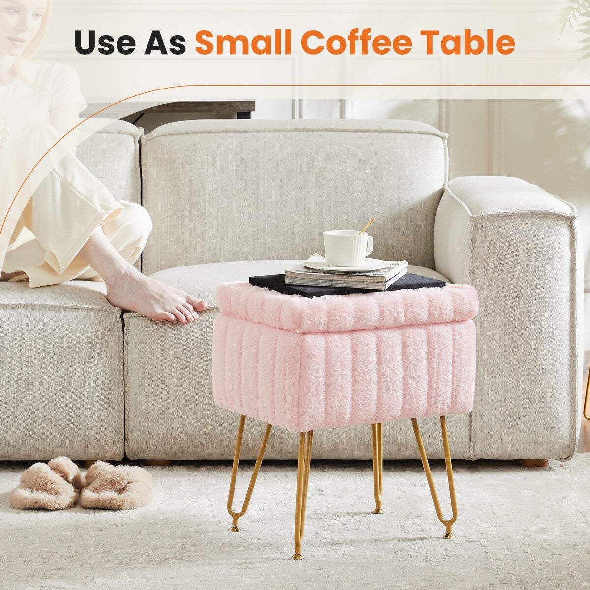 Vanity Stool Chair with Storage,Ottoman Faux Fur Soft Padded Makeup Footstools Seat with 4 Metal Legs Anti-Slip