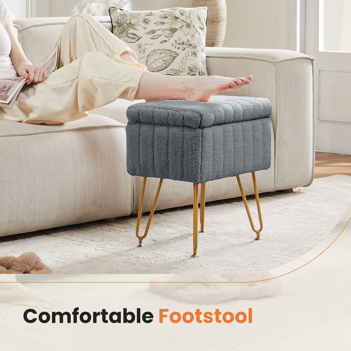 Vanity Stool Chair with Storage,Ottoman Faux Fur Soft Padded Makeup Footstools Seat with 4 Metal Legs Anti-Slip