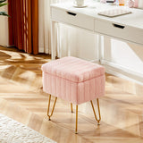 Vanity Stool Chair with Storage,Ottoman Faux Fur Soft Padded Makeup Footstools Seat with 4 Metal Legs Anti-Slip