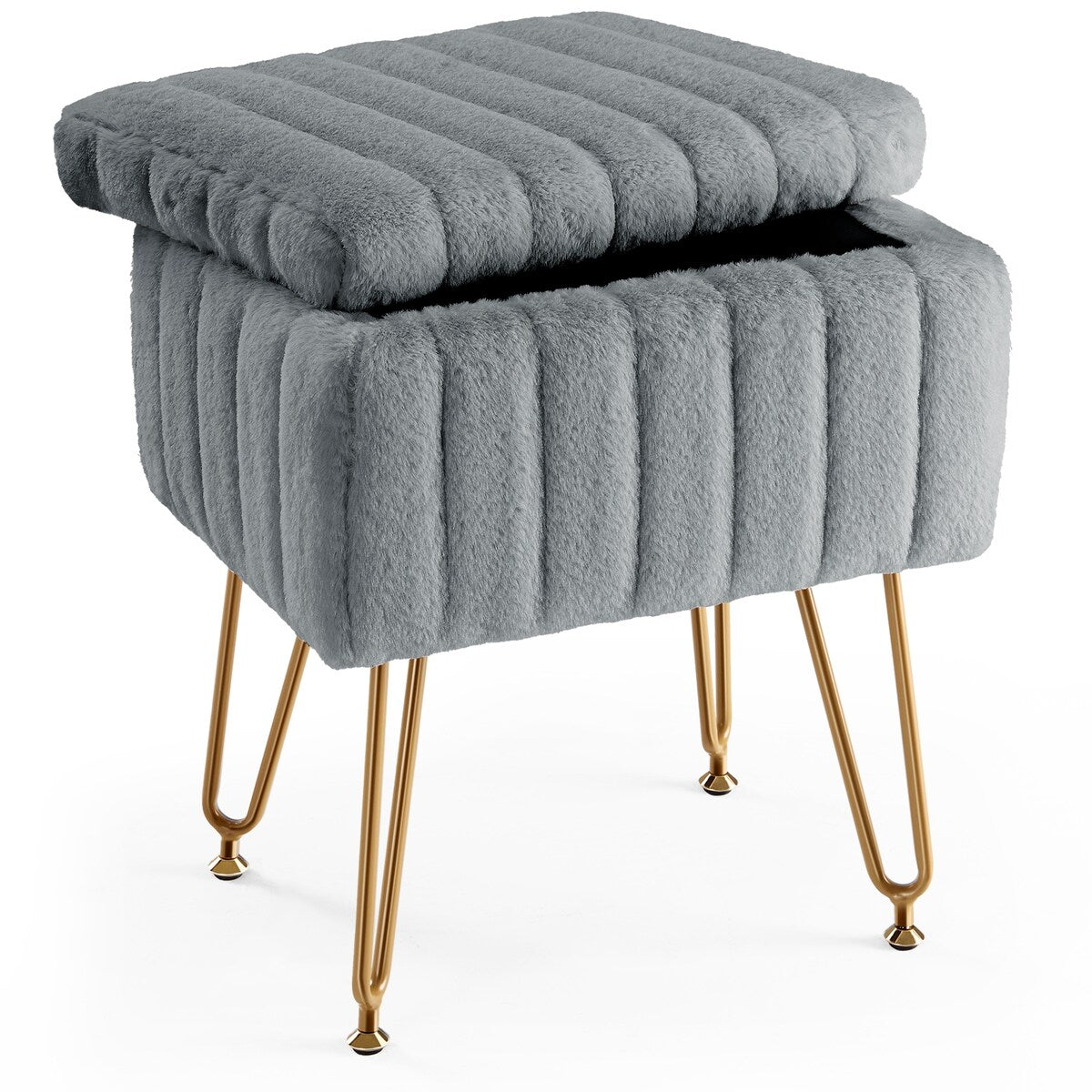 Vanity Stool Chair with Storage,Ottoman Faux Fur Soft Padded Makeup Footstools Seat with 4 Metal Legs Anti-Slip
