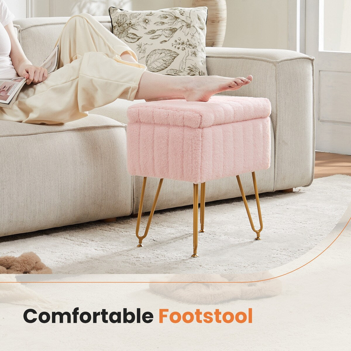 Vanity Stool Chair with Storage,Ottoman Faux Fur Soft Padded Makeup Footstools Seat with 4 Metal Legs Anti-Slip