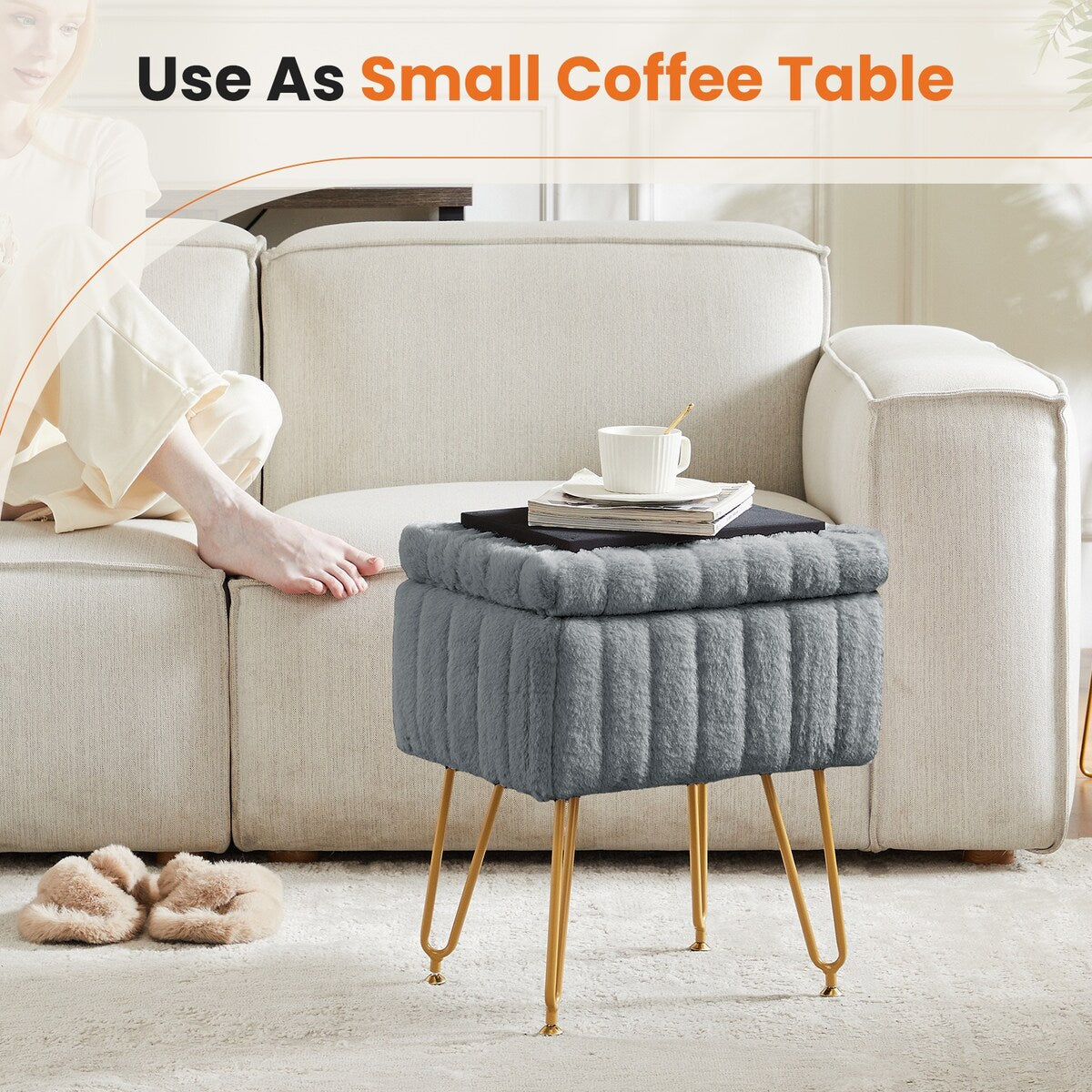 Vanity Stool Chair with Storage,Ottoman Faux Fur Soft Padded Makeup Footstools Seat with 4 Metal Legs Anti-Slip
