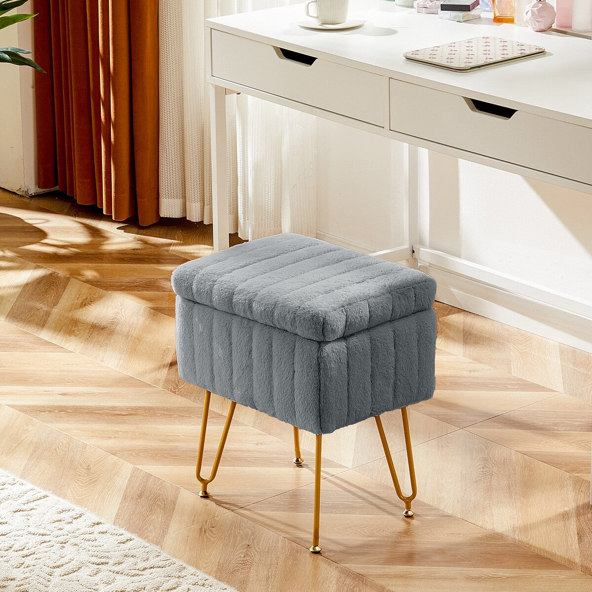 Vanity Stool Chair with Storage,Ottoman Faux Fur Soft Padded Makeup Footstools Seat with 4 Metal Legs Anti-Slip