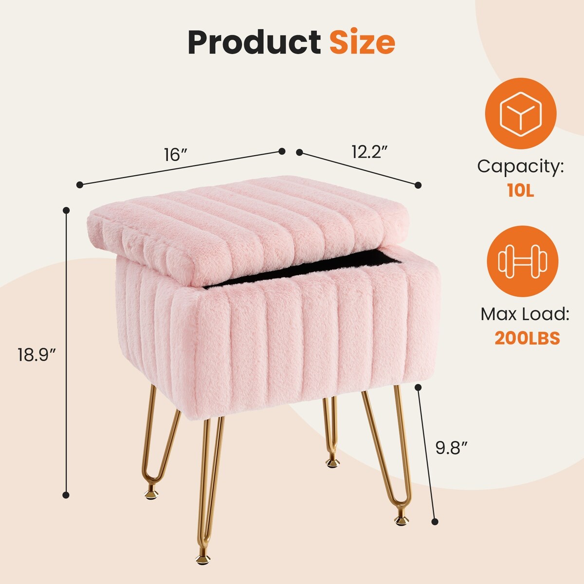 Vanity Stool Chair with Storage,Ottoman Faux Fur Soft Padded Makeup Footstools Seat with 4 Metal Legs Anti-Slip