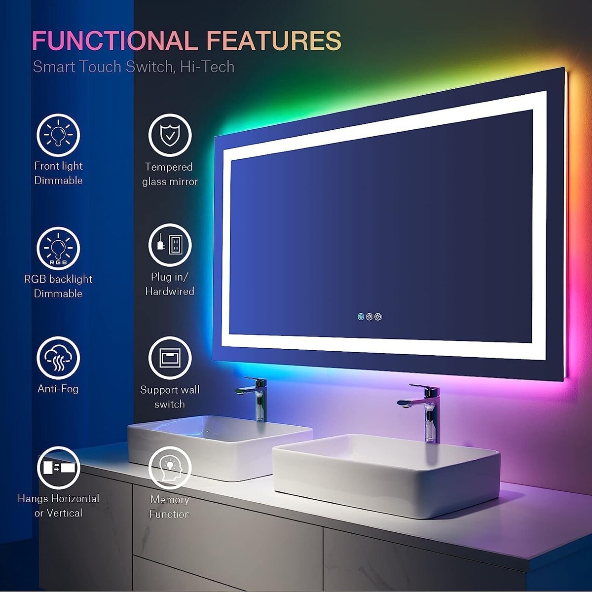 Vanity Trident Rainbow LED Mirror with Touch ON/Off Dimmer & Fog Free Function