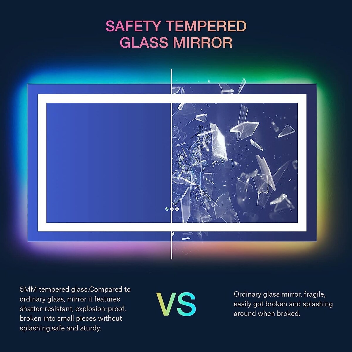 Vanity Trident Rainbow LED Mirror with Touch ON/Off Dimmer & Fog Free Function