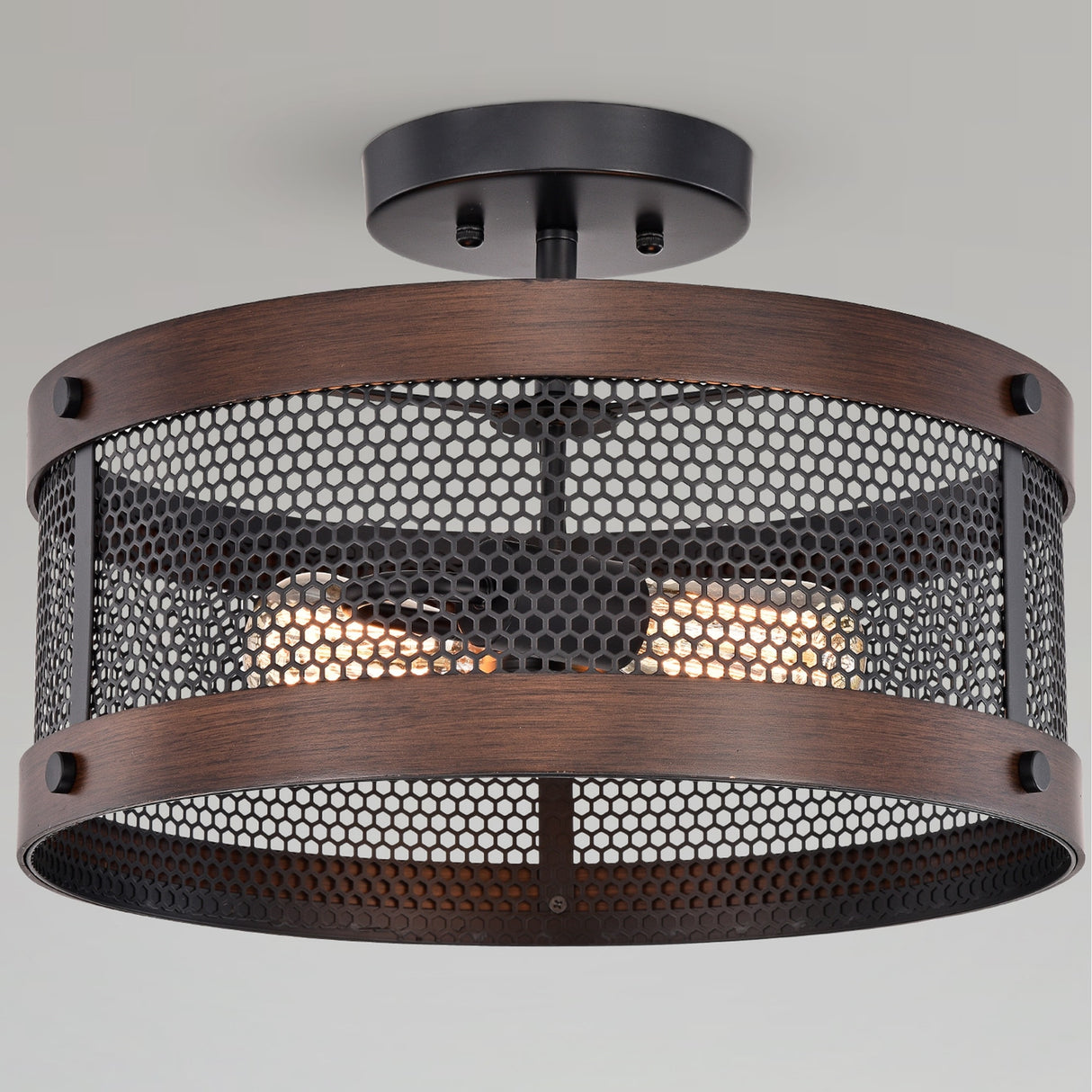 Vannita Matte Black+Imitation Wood Grain Drum Chandelier 2-Light Semi-Flush Mount