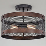 Vannita Matte Black+Imitation Wood Grain Drum Chandelier 2-Light Semi-Flush Mount