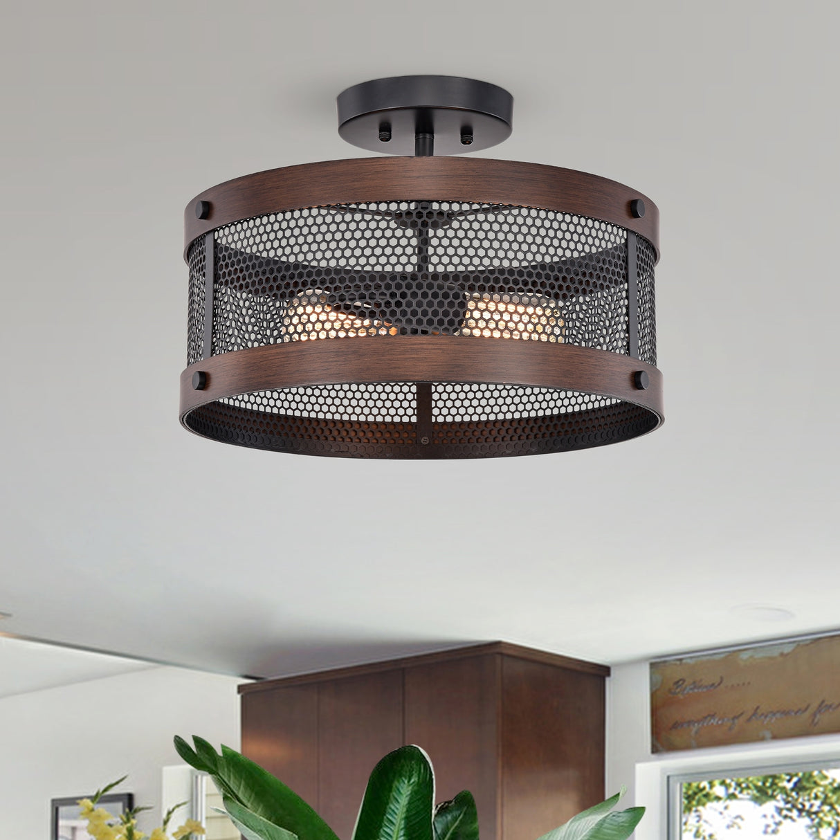 Vannita Matte Black+Imitation Wood Grain Drum Chandelier 2-Light Semi-Flush Mount
