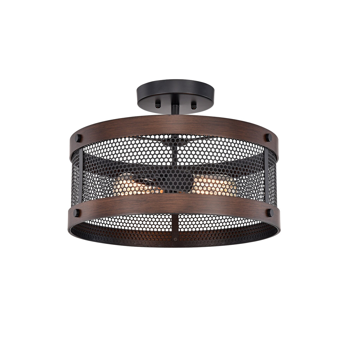 Vannita Matte Black+Imitation Wood Grain Drum Chandelier 2-Light Semi-Flush Mount