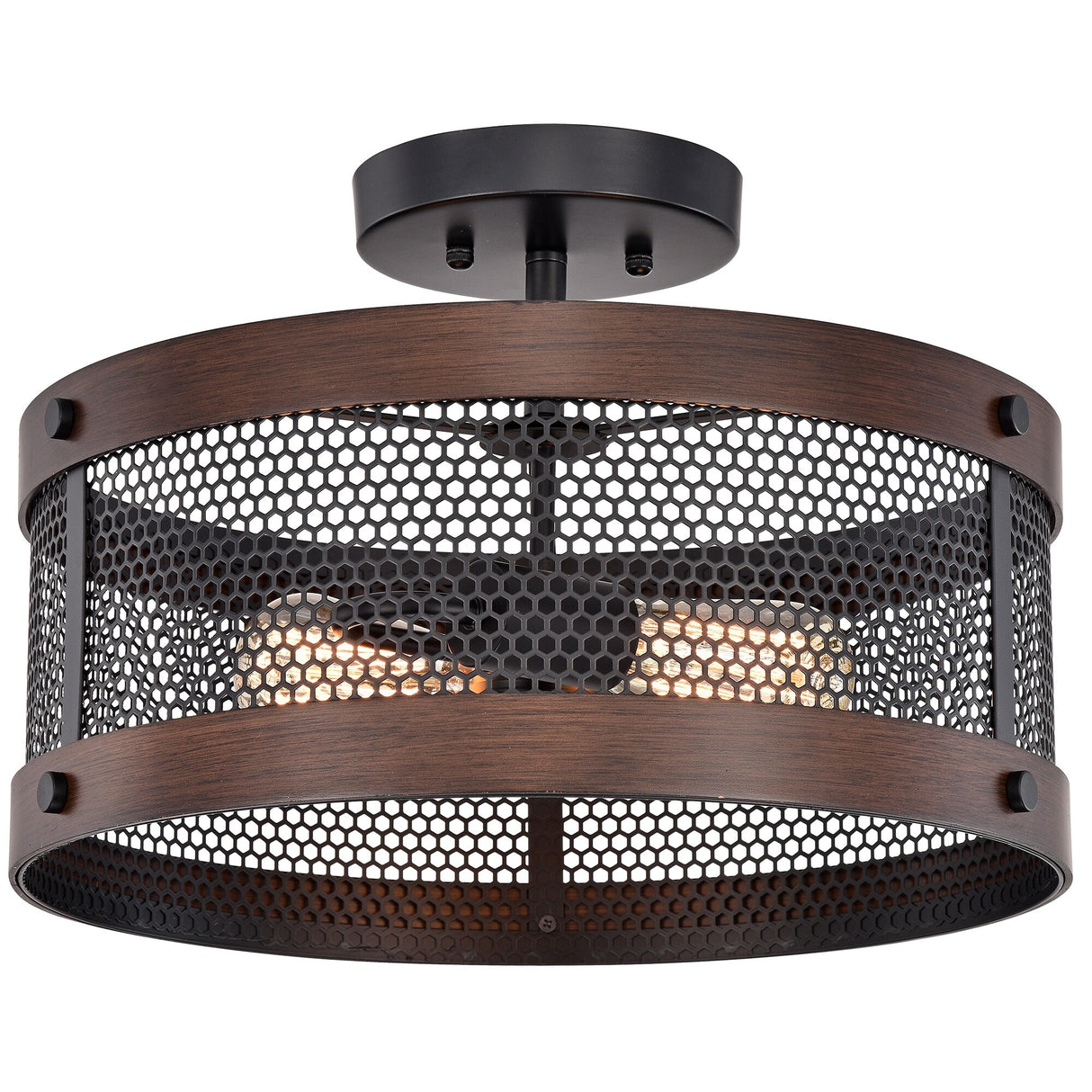 Vannita Matte Black+Imitation Wood Grain Drum Chandelier 2-Light Semi-Flush Mount