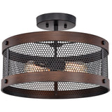 Vannita Matte Black+Imitation Wood Grain Drum Chandelier 2-Light Semi-Flush Mount