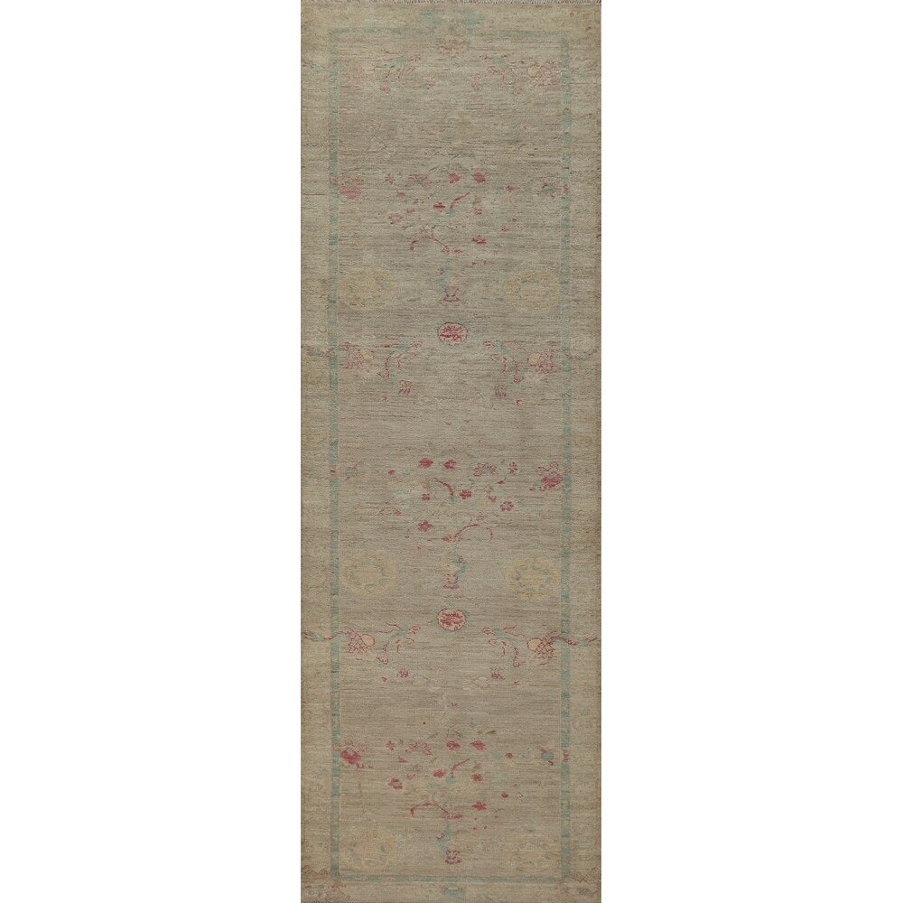 Vegetable Dye Beige Oushak Turkish Runner Rug Handmade Wool Carpet - 3'0" x 11'9"