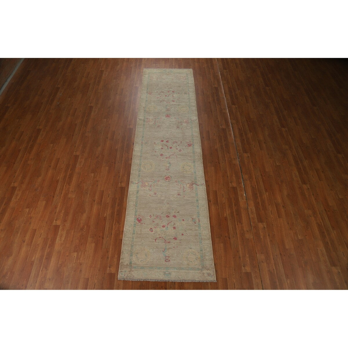 Vegetable Dye Beige Oushak Turkish Runner Rug Handmade Wool Carpet - 3'0" x 11'9"