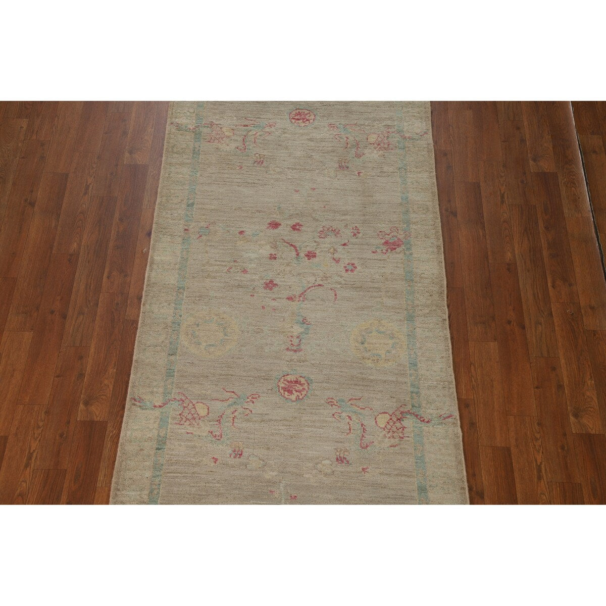 Vegetable Dye Beige Oushak Turkish Runner Rug Handmade Wool Carpet - 3'0" x 11'9"