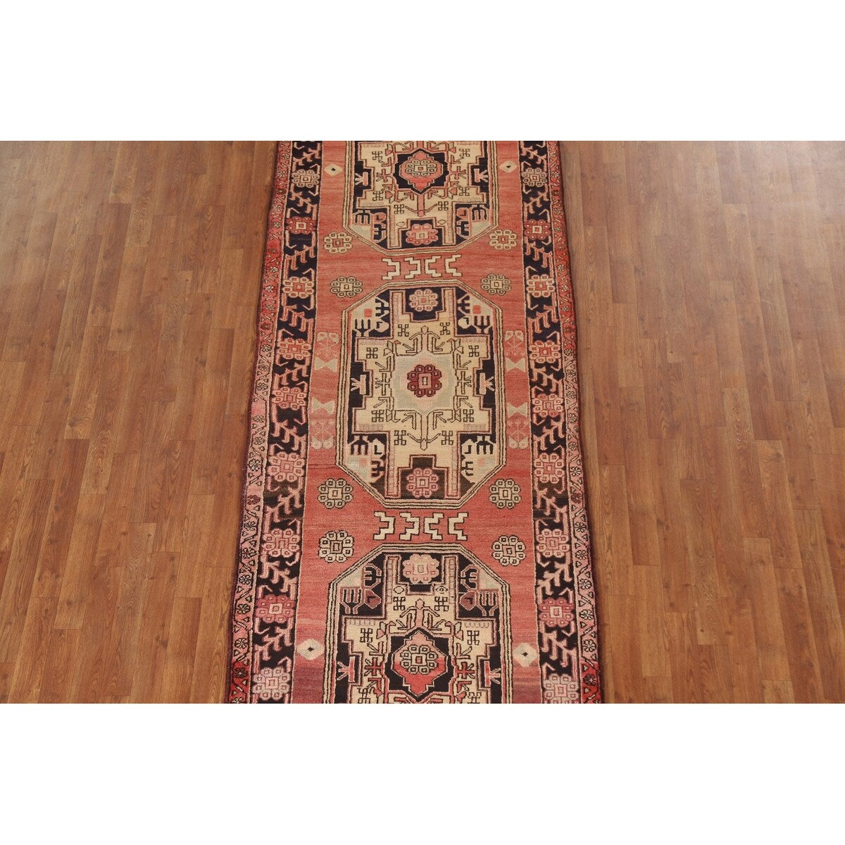 Vegetable Dye Coral Ardebil Persian Vintage Runner Rug Wool Carpet - 3'7"x 10'0"