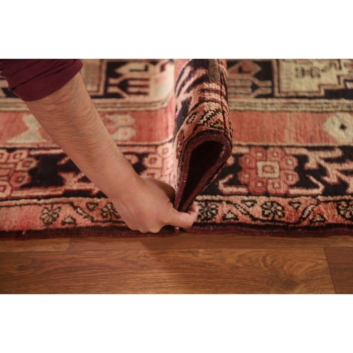 Vegetable Dye Coral Ardebil Persian Vintage Runner Rug Wool Carpet - 3'7"x 10'0"