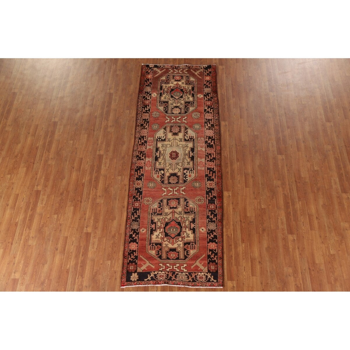 Vegetable Dye Coral Ardebil Persian Vintage Runner Rug Wool Carpet - 3'7"x 10'0"