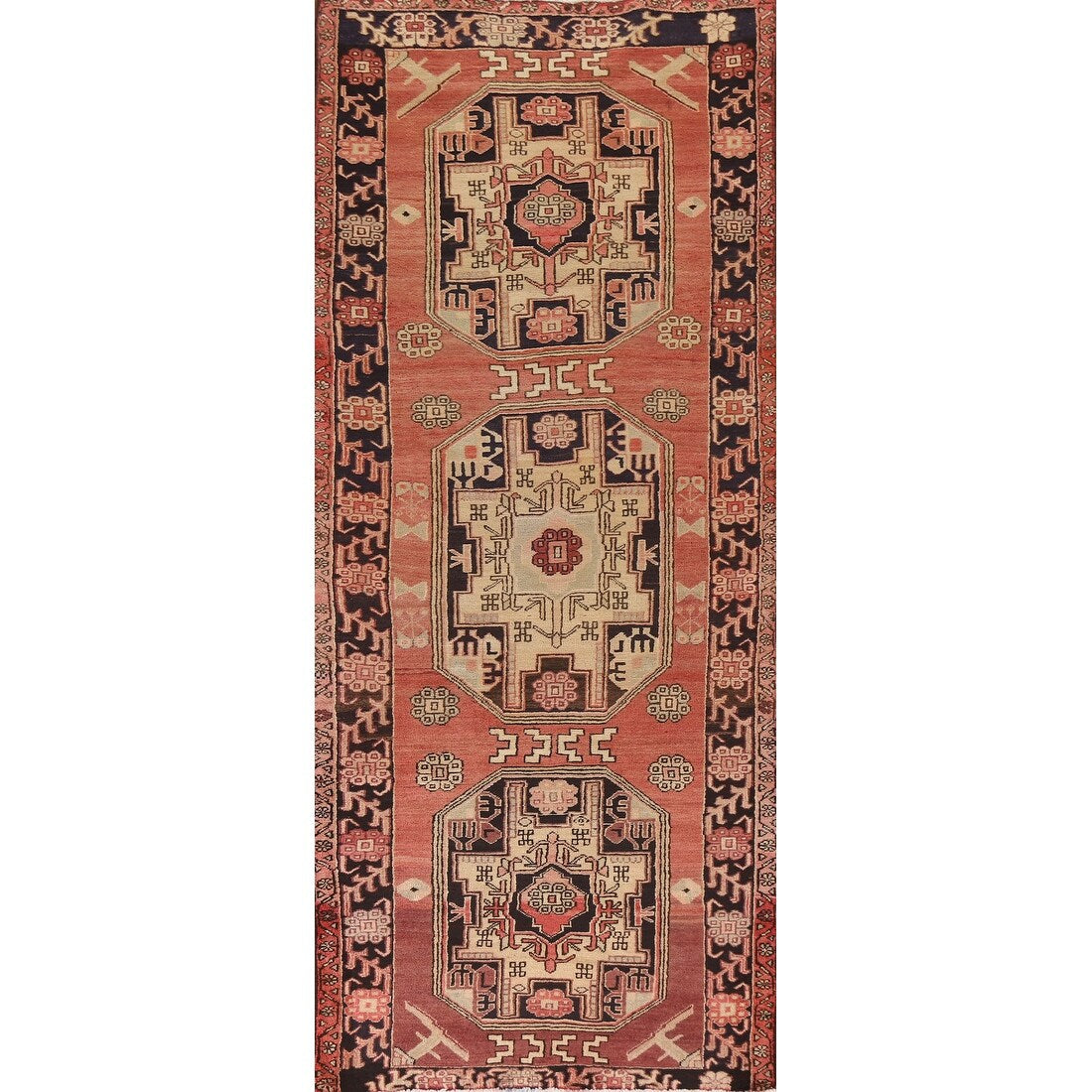 Vegetable Dye Coral Ardebil Persian Vintage Runner Rug Wool Carpet - 3'7"x 10'0"