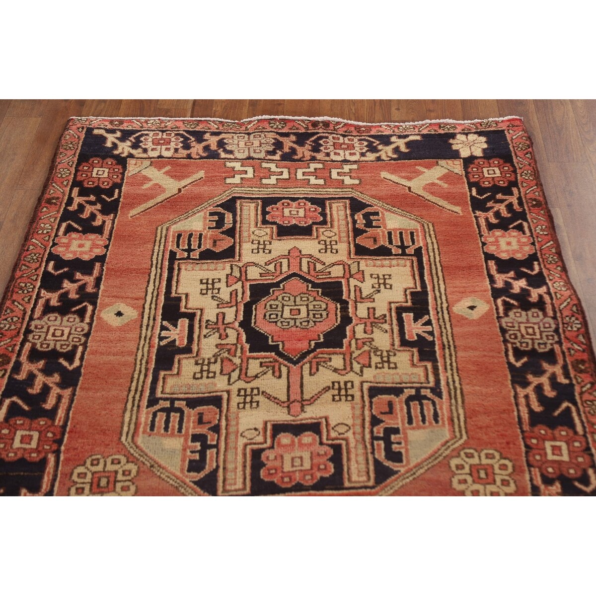 Vegetable Dye Coral Ardebil Persian Vintage Runner Rug Wool Carpet - 3'7"x 10'0"