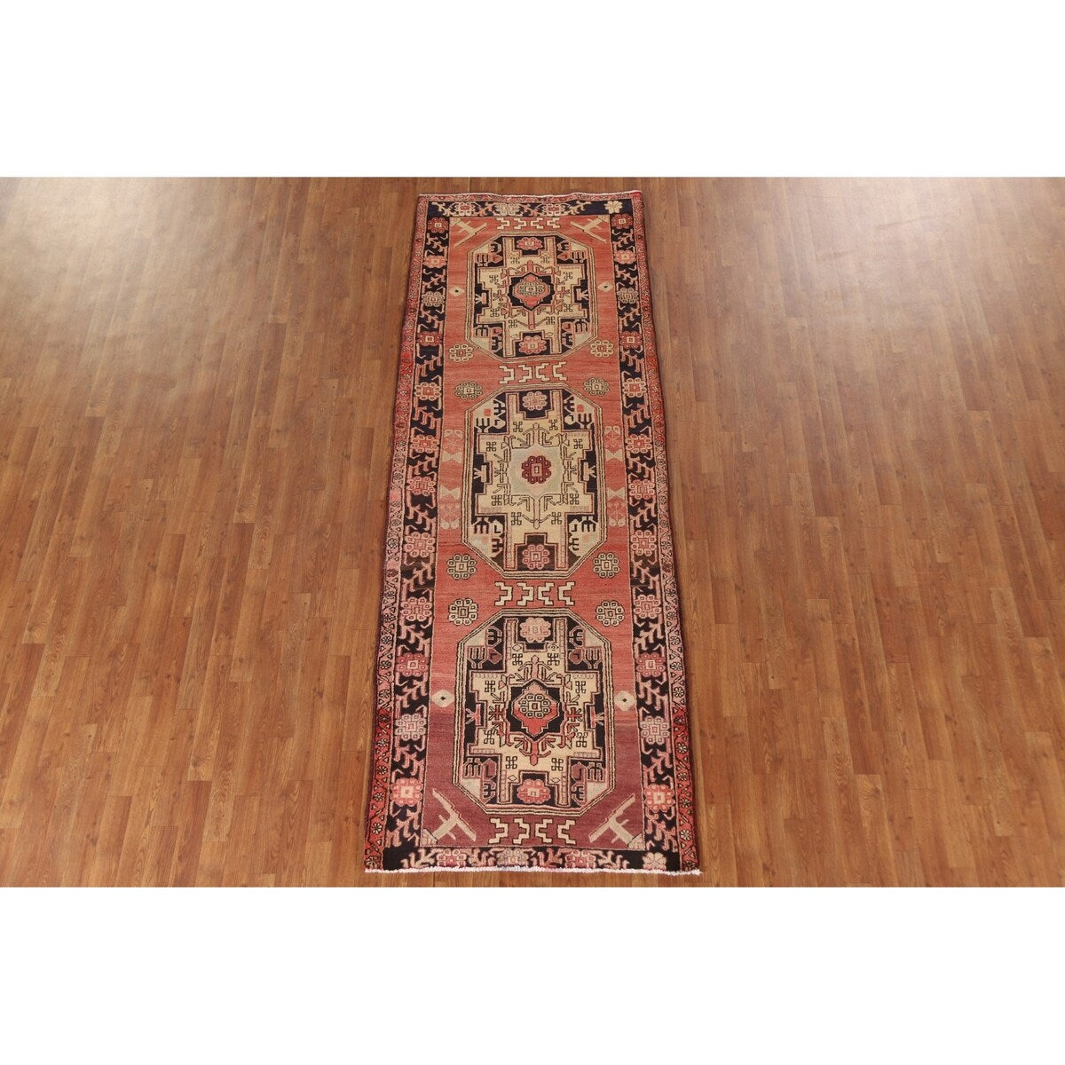 Vegetable Dye Coral Ardebil Persian Vintage Runner Rug Wool Carpet - 3'7"x 10'0"