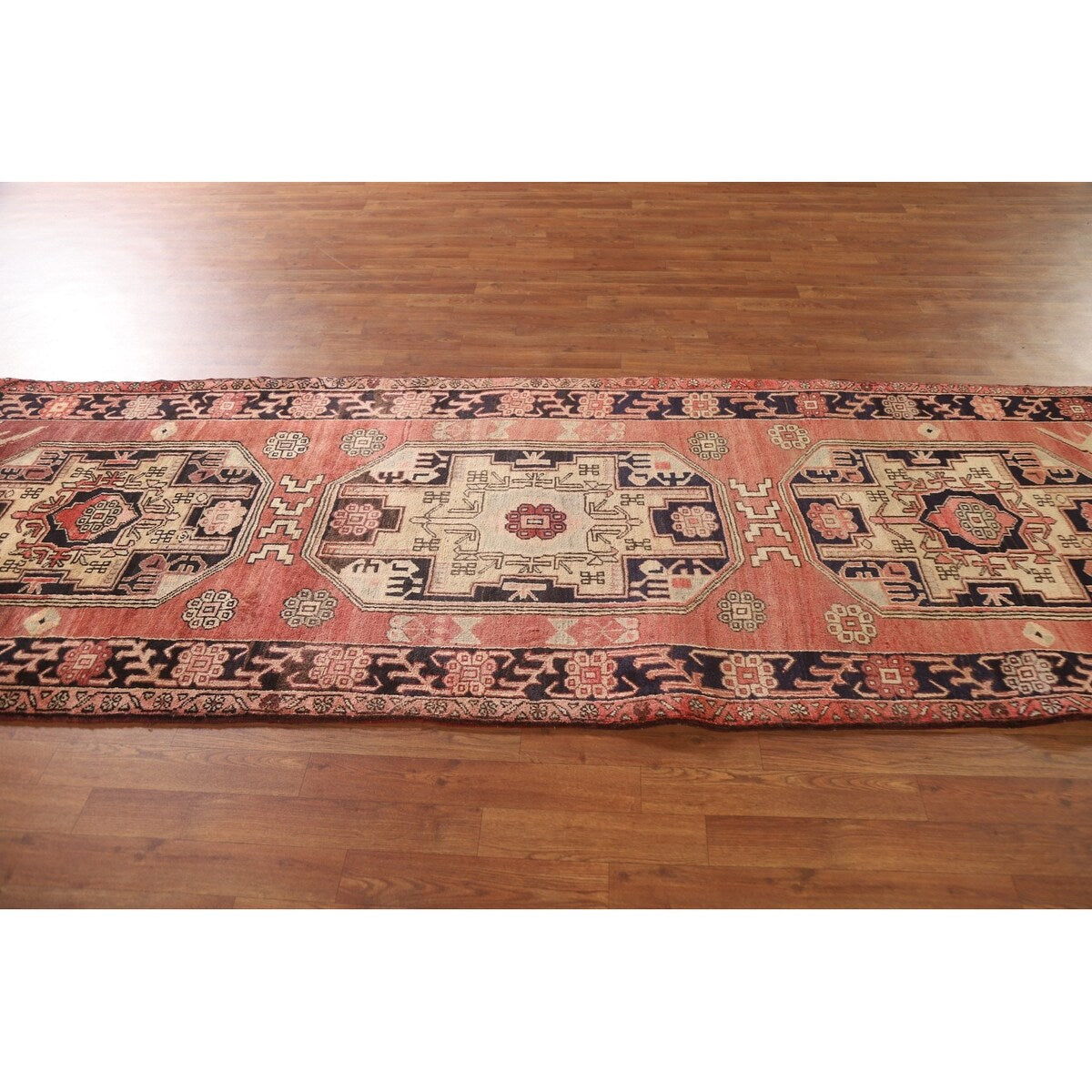 Vegetable Dye Coral Ardebil Persian Vintage Runner Rug Wool Carpet - 3'7"x 10'0"