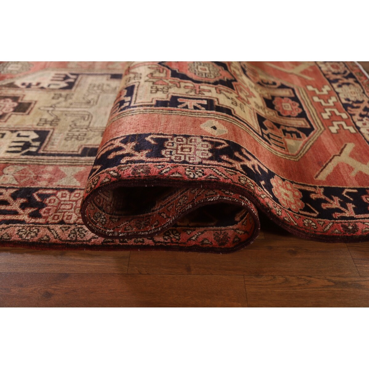 Vegetable Dye Coral Ardebil Persian Vintage Runner Rug Wool Carpet - 3'7"x 10'0"