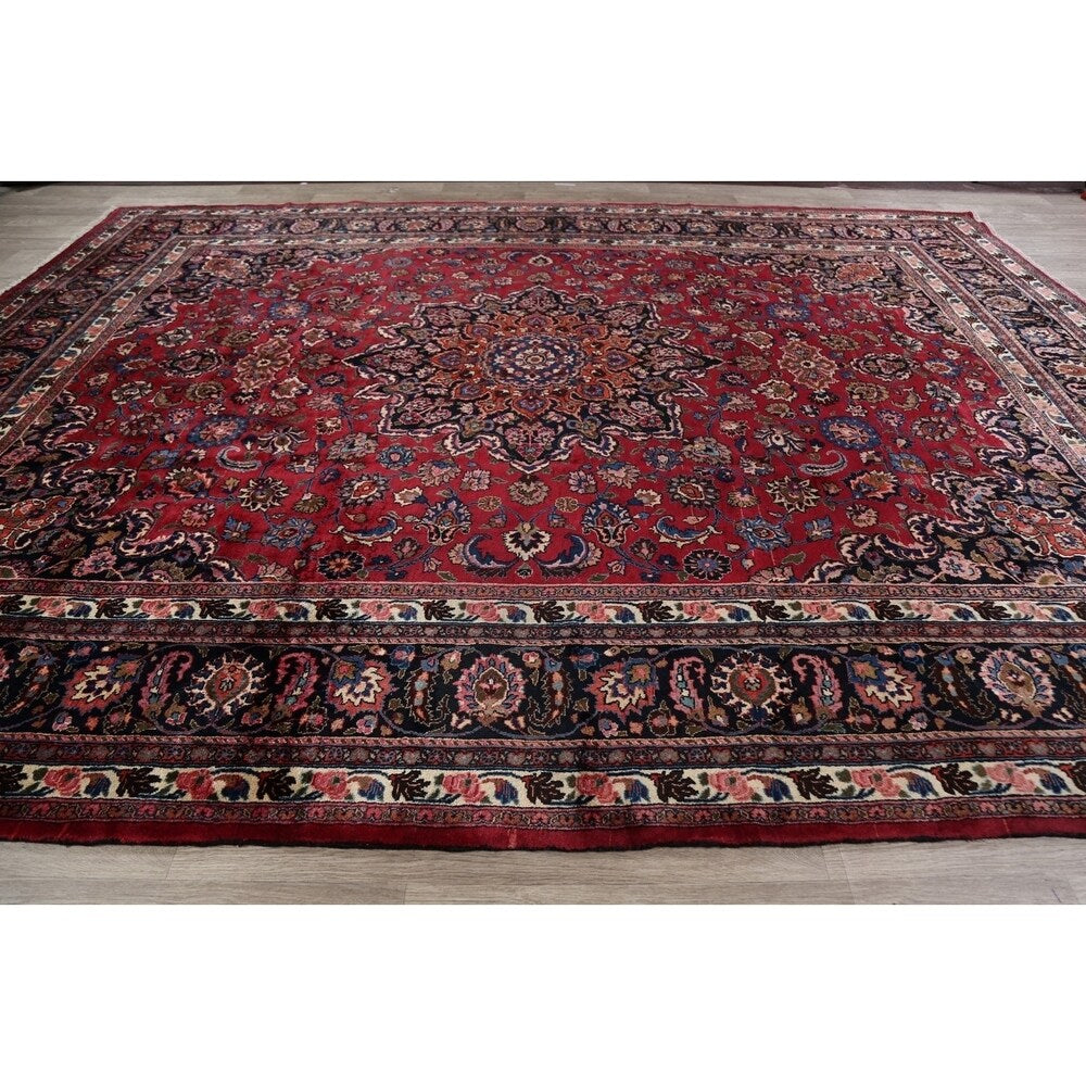 Vegetable Dye Floral Mashad Persian Home Decor Area Rug Hand-Knotted - 10'0" x 13'0"