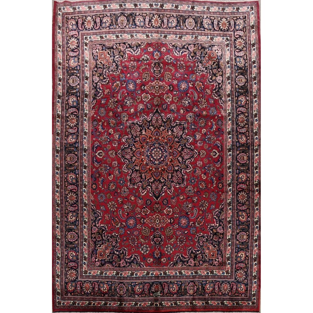 Vegetable Dye Floral Mashad Persian Home Decor Area Rug Hand-Knotted - 10'0" x 13'0"