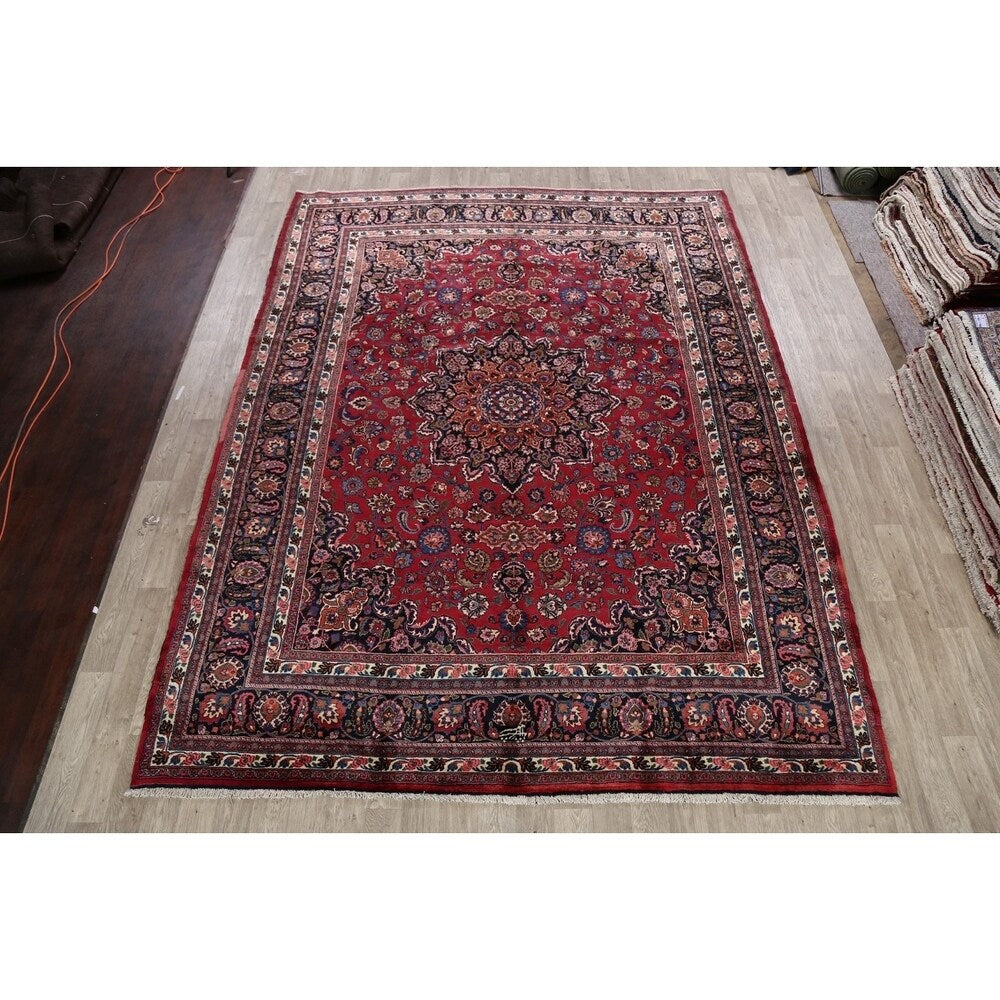 Vegetable Dye Floral Mashad Persian Home Decor Area Rug Hand-Knotted - 10'0" x 13'0"