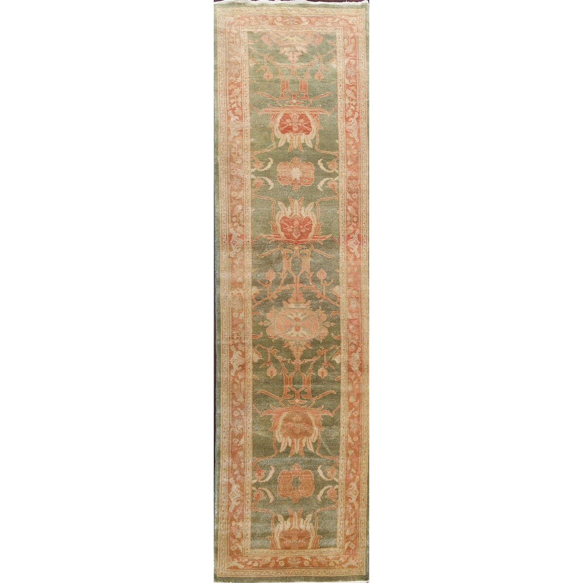 Vegetable Dye Green Floral Oushak Oriental Runner Rug Wool Handmade - 2'8" x 9'9"