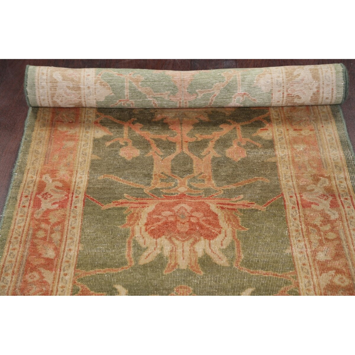 Vegetable Dye Green Floral Oushak Oriental Runner Rug Wool Handmade - 2'8" x 9'9"