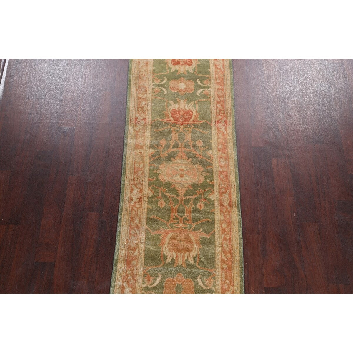 Vegetable Dye Green Floral Oushak Oriental Runner Rug Wool Handmade - 2'8" x 9'9"