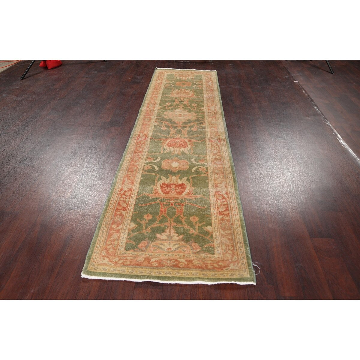 Vegetable Dye Green Floral Oushak Oriental Runner Rug Wool Handmade - 2'8" x 9'9"