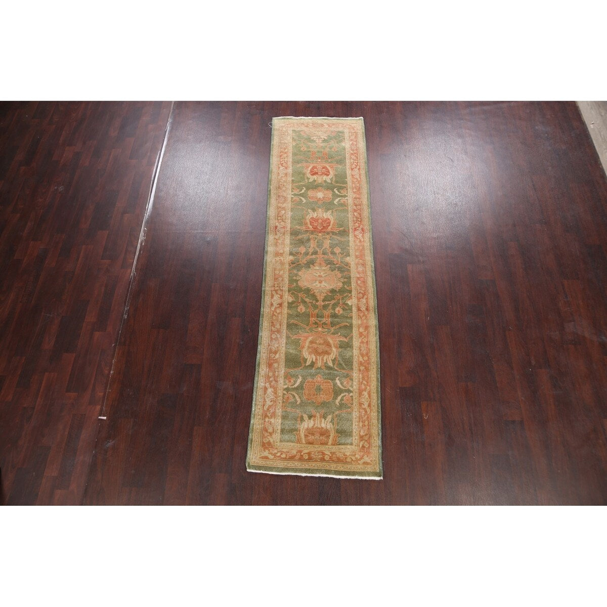Vegetable Dye Green Floral Oushak Oriental Runner Rug Wool Handmade - 2'8" x 9'9"