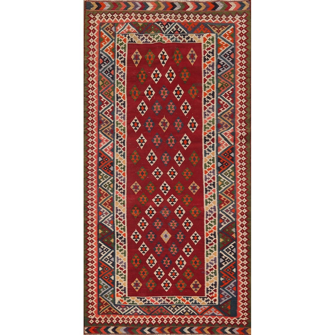Vegetable Dye Kilim Qashqai Persian Vintage Flatweave Red Wool Carpet - 4'2" X 9'5"