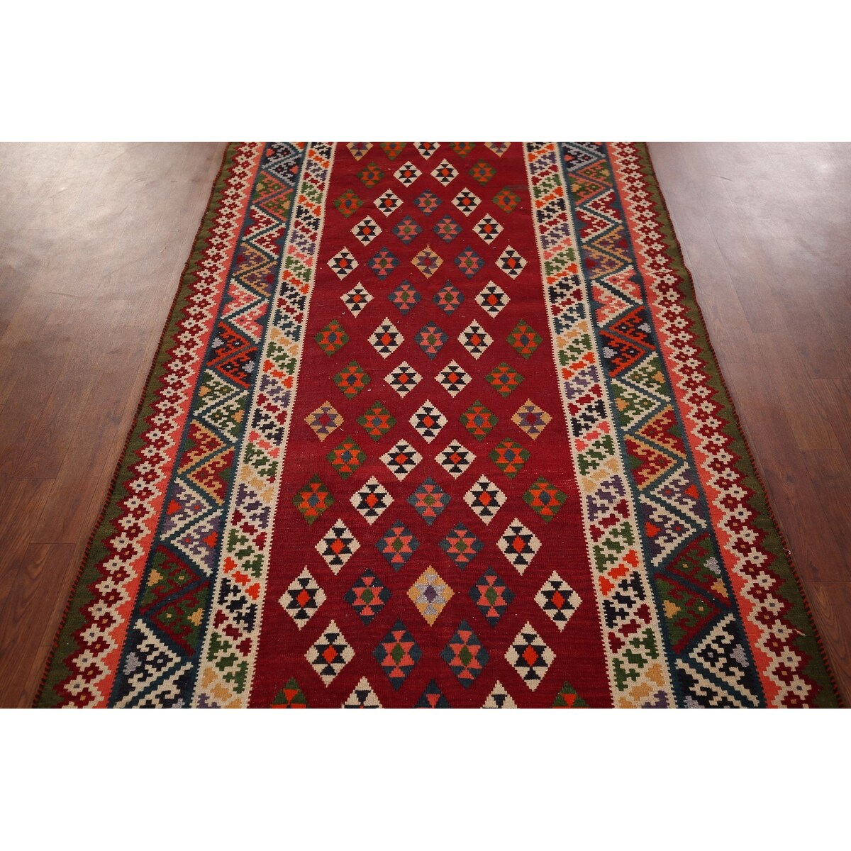 Vegetable Dye Kilim Qashqai Persian Vintage Flatweave Red Wool Carpet - 4'2" X 9'5"