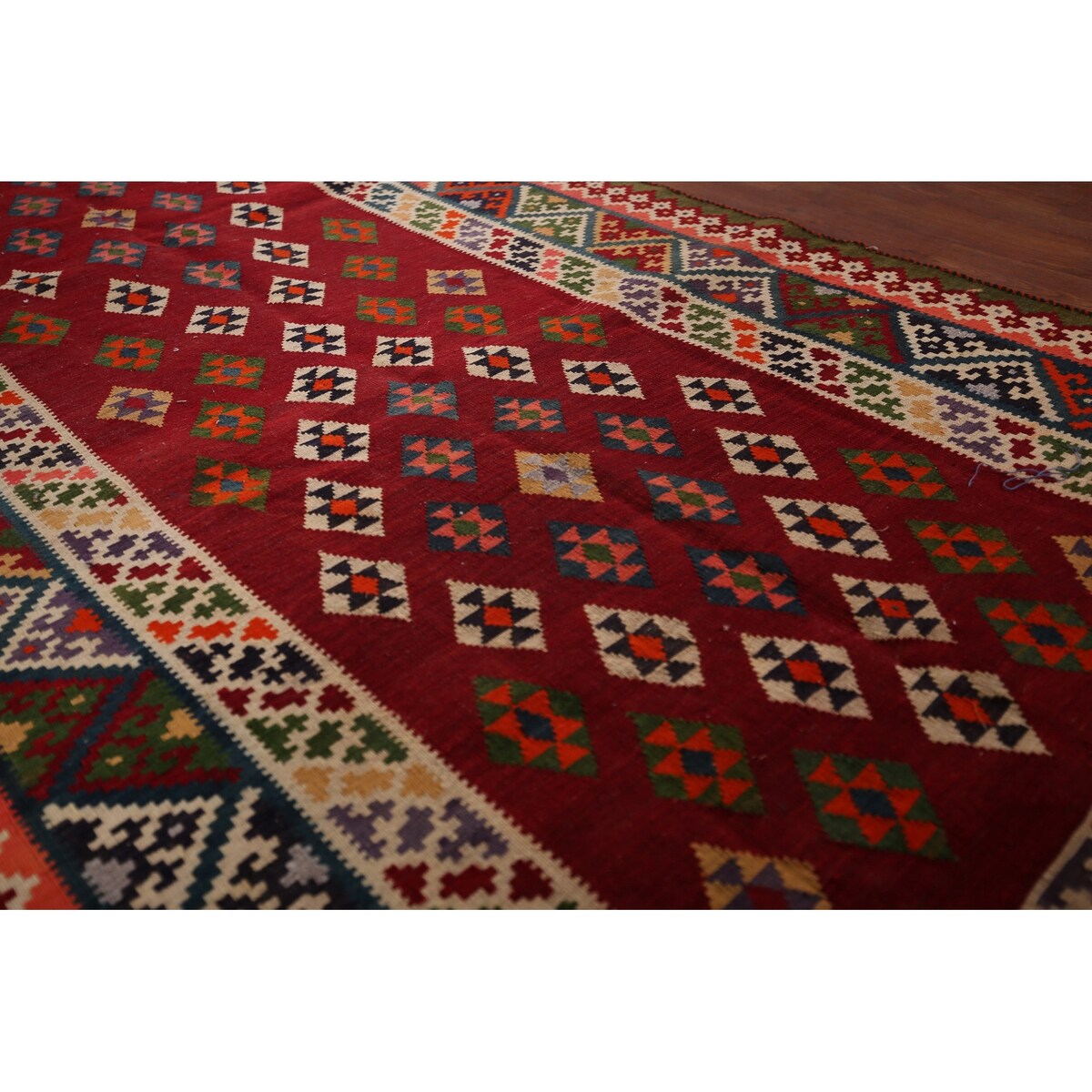 Vegetable Dye Kilim Qashqai Persian Vintage Flatweave Red Wool Carpet - 4'2" X 9'5"