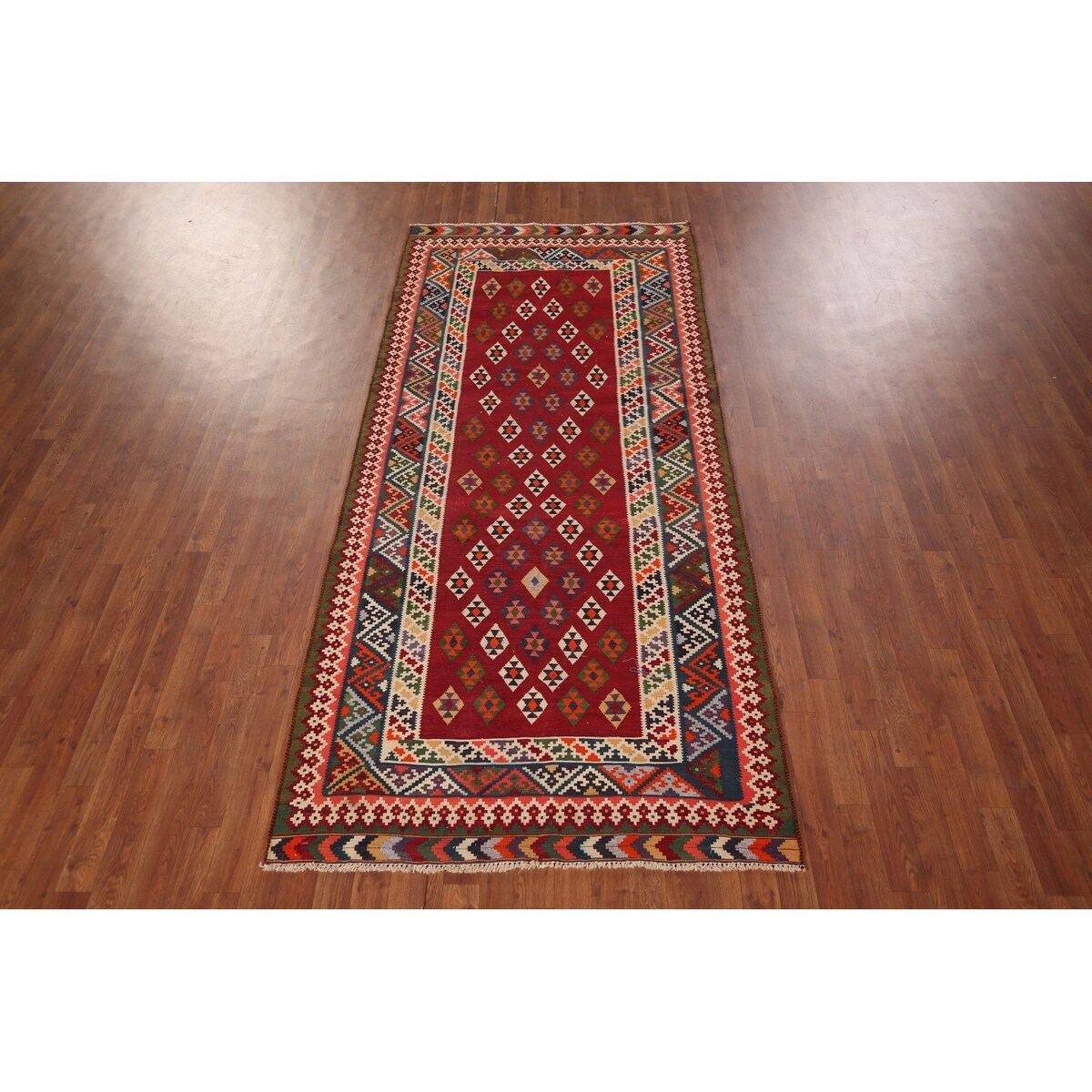 Vegetable Dye Kilim Qashqai Persian Vintage Flatweave Red Wool Carpet - 4'2" X 9'5"